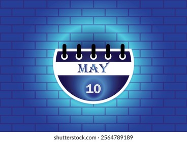 A stylized calendar page for May 10th is displayed against a blue brick wall background. The design is clean and modern, ideal for various uses.