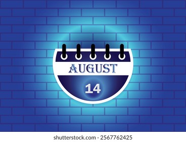 A stylized calendar page showcasing August 14th.The design features a clean, modern aesthetic, set against a textured blue brick wall backdrop.