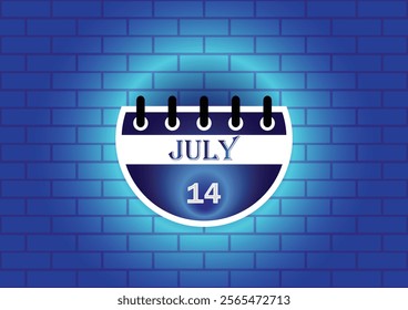 A stylized calendar page showcasing July 14th.  The design features a clean, modern aesthetic, set against a textured blue brick wall backdrop.