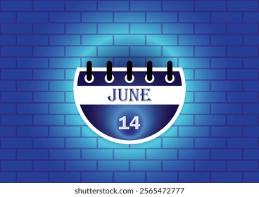 A stylized calendar page showcasing June 14th.  The design features a clean, modern aesthetic, set against a textured blue brick wall backdrop.