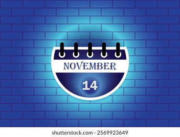 A stylized calendar page showcasing November 14th.  The design features a clean, modern aesthetic, set against a textured blue brick wall backdrop.