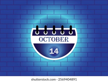 A stylized calendar page showcasing October 14th. The design features a clean, modern aesthetic, set against a textured blue brick wall backdrop.