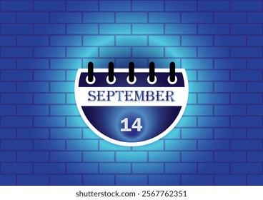 A stylized calendar page showcasing September 14th.  The design features a clean, modern aesthetic, set against a textured blue brick wall backdrop.