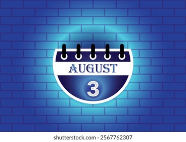 A stylized calendar page showing August 3rd, highlighted against a blue brick wall. The design is clean and modern, suitable for various uses.