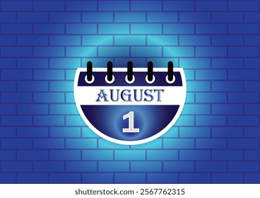 A stylized calendar page showing August 1st, highlighted against a blue brick wall. The design is clean and modern, suitable for various uses.