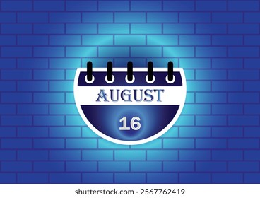 A stylized calendar page showing August 16th, digitally rendered against a blue brick wall backdrop.  The image is ideal for date reminders, event planning, or scheduling related content.