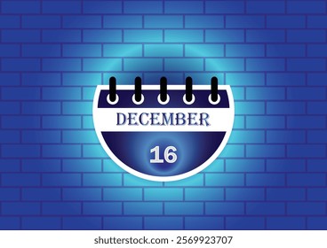 A stylized calendar page showing December 16th, digitally rendered against a blue brick wall backdrop.  The image is ideal for date reminders, event planning, or scheduling related content.