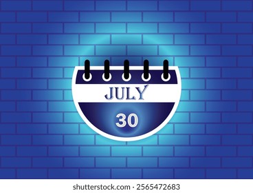 A stylized calendar page showing July 30th. The design features a circular calendar against a blue brick wall, highlighted with a soft glow. Ideal for marking important dates.