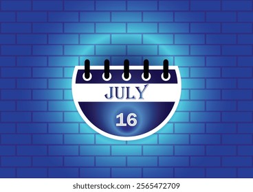 A stylized calendar page showing July 16th, digitally rendered against a blue brick wall backdrop.  The image is ideal for date reminders, event planning, or scheduling related content.