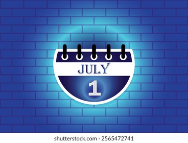 A stylized calendar page showing July 1st, highlighted against a blue brick wall. The design is clean and modern, suitable for various uses.