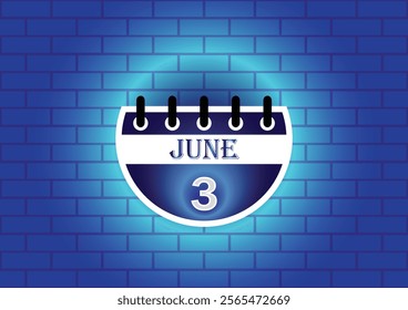 A stylized calendar page showing June 3rd, highlighted against a blue brick wall. The design is clean and modern, suitable for various uses.