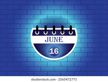 A stylized calendar page showing June 16th, digitally rendered against a blue brick wall backdrop.  The image is ideal for date reminders, event planning, or scheduling related content.