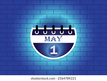 A stylized calendar page showing May 1st, highlighted against a blue brick wall. The design is clean and modern, suitable for various uses.