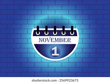 A stylized calendar page showing November 1st, highlighted against a blue brick wall. The design is clean and modern, suitable for various uses.