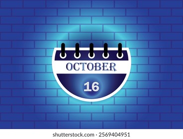 A stylized calendar page showing October 16th, digitally rendered against a blue brick wall backdrop.  The image is ideal for date reminders, event planning, or scheduling related content.