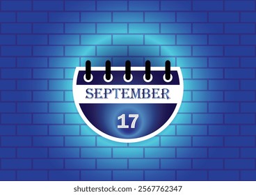 A stylized calendar page showing September 17th. The calendar is depicted against a blue brick wall background, with a soft glow around it. Ideal for date-related designs.