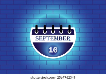 A stylized calendar page showing September 16th, digitally rendered against a blue brick wall backdrop.  The image is ideal for date reminders, event planning, or scheduling related content.