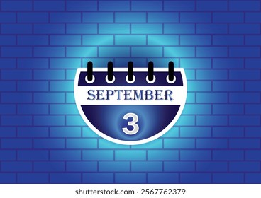 A stylized calendar page showing September 3rd, highlighted against a blue brick wall. The design is clean and modern, suitable for various uses.