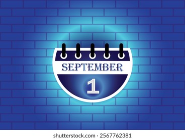 A stylized calendar page showing September 1st, highlighted against a blue brick wall. The design is clean and modern, suitable for various uses.