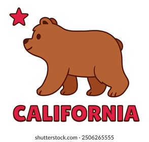 Stylized California flag with cute cartoon bear. Brown grizzly bear drawing with red star and text "California". Vector illustration.