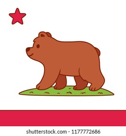 Stylized California Republic Flag With Cute Cartoon Bear Drawing Brown Grizzly Standing On Grass Stylized California Republic Flag With Cute Cartoon Bear Drawing Brown Grizzly Standing On Grass
