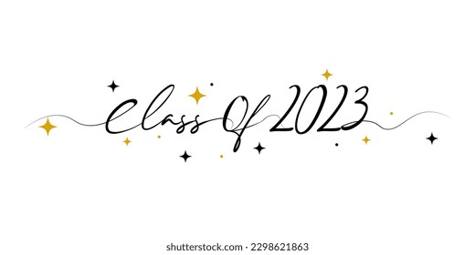 Stylized calligraphic inscription Class of 2023 in one line with gold and black star.