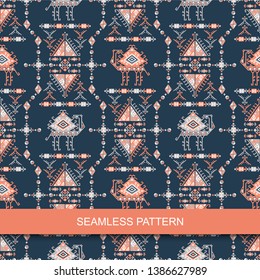 Stylized camel ornate pattern in navy, coral and grey colors