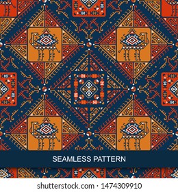 Stylized camel ornate seamless pattern in navy, yellow and red colors 