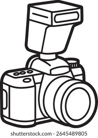 Stylized Camera Drawing with Flash Photography Equipment for Creative Projects and Designs in Black and White Illustration