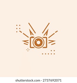 A stylized camera icon rendered in a warm terracotta tone, featuring explosive geometric lines and minimalist star accents that symbolize creative energy, flash, and professional visual storytelling.