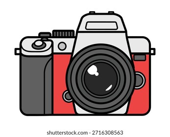 Stylized camera illustration features a bold lens and contrasting red and gray body perfect for iconography related to visual media and capturing moments.