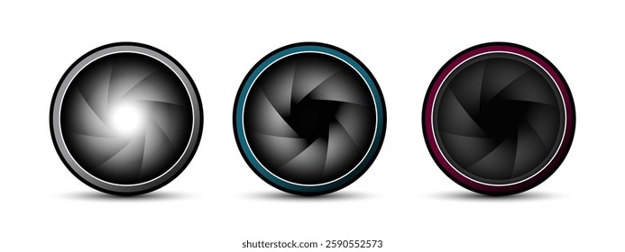 Stylized Camera Lenses with Colored Rims Vector Set