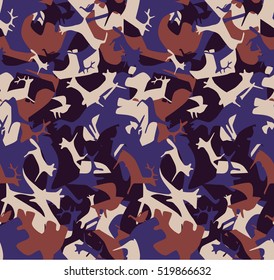 Stylized camouflage vector pattern. Animalistic pattern with fox, bird, deer, bear, duck, elk. Seamless illustration.