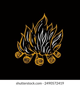 Stylized campfire illustration with logs and flames on black background, great for adventure or outdoor design