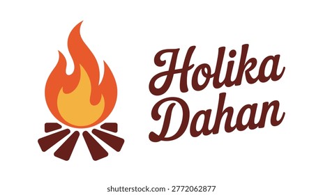 Stylized campfire with orange yellow flames and brown wood logs and text holika dahan keywords