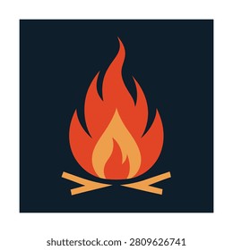 Stylized campfire with orange and yellow flames on a dark blue square background, for outdoor adventure concepts