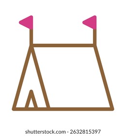 Stylized camping tent depiction with vibrant flags against a neutral backdrop