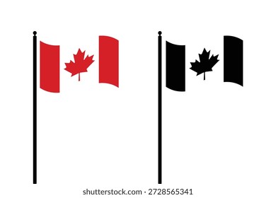 Stylized Canadian flags, one in color and one in black and white, proudly waving on poles against a clean white background