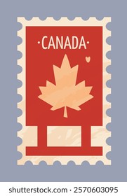 Stylized Canadian postage stamp featuring an orange maple leaf on a red background with a beige border, symbolizing Canada. Vector illustration