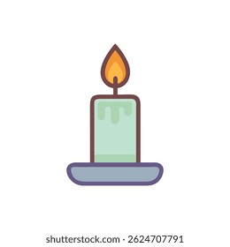 Stylized candle with flickering flame. Graphic, flat design with warm and cool tones on a White Background.