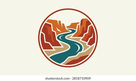 Stylized canyon emblem featuring red rock formations and a blue river.