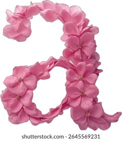 A stylized capital letter "A" is formed from pink flower petals and blossoms, creating a visually appealing and floral representation of the letter.