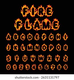 Stylized capital letters and digits with blazing flames on black backdrop. Intense fiery vector font perfect for game titles, horror themes, digital designs, posters, and creative visuals.