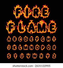 Stylized capital letters and digits with blazing flames on black backdrop. Intense fiery vector font perfect for game titles, horror themes, digital designs, posters, and creative visuals. Bold 