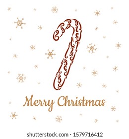 Stylized caramel cane from the elements of ornament. Snowflakes and inscription Merry Christmas. Line drawing. Silhouette. Isolated object on a white background. Greeting card template. Vector stock. 