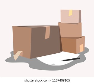 Stylized cardboard box boxes in a flat style with a sheet and a pen