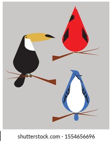 Stylized Cardinal, Toucan, and Blue Jay Illustrations