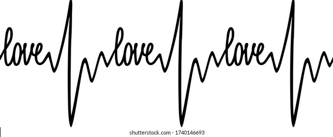 A stylized cardiogram with a heart rhythm and the word "love". Seamless rhythm of a loving heart. A hand drawn vector illustration in doodling style. Isolated on a white background.