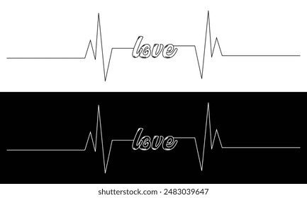 Ein stilisiertes Kardiogramm mit Herzrhythmus und dem Wort "Liebe". Nahtloser Rhythmus eines liebevollen Herzens. Eine Hand im Doodling-Stil gezeichnet. Isoliert auf einem weißen und schwarzen Hintergrund. Vektorillustration. EPS 10