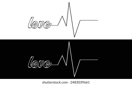 A stylized cardiogram with a heart rhythm and the word "love". Seamless rhythm of a loving heart. A hand drawn  in doodling style. Isolated on a white and black background. vector illustration. EPS 10